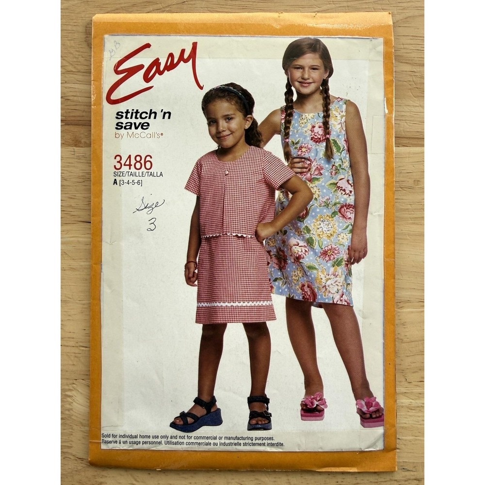 McCall's Easy Stitch n' Save 3486 Girls Dress & Unlined Jacket CUT To Size 3